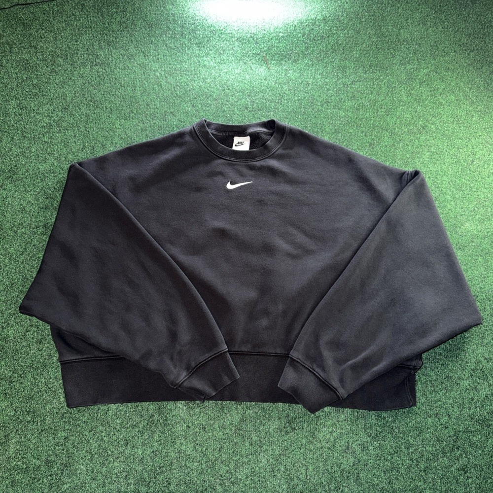 Nike Sweatshirt Womens Sz M Over Oversized Crewneck Cropped Center Swoosh Black